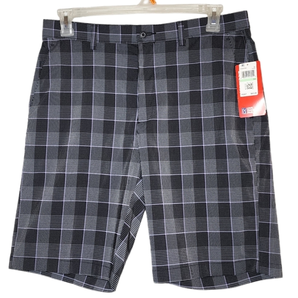 NWT PGA Tour black/grey/purple plaid check shorts. 34